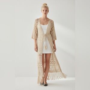 Muche et Muchette bohemian knit Crochet Fringe Maxi Kimono - Beige. Summer.